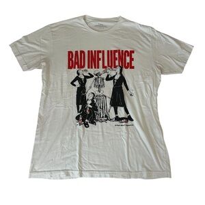 White Graphic Tee with Red 'Bad Influence' Print